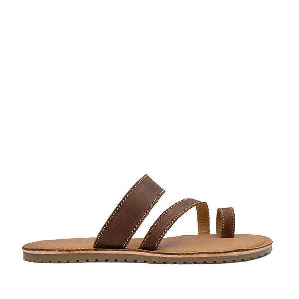 A pair of brown leather sandals with a flat sole and minimal strap detailing.