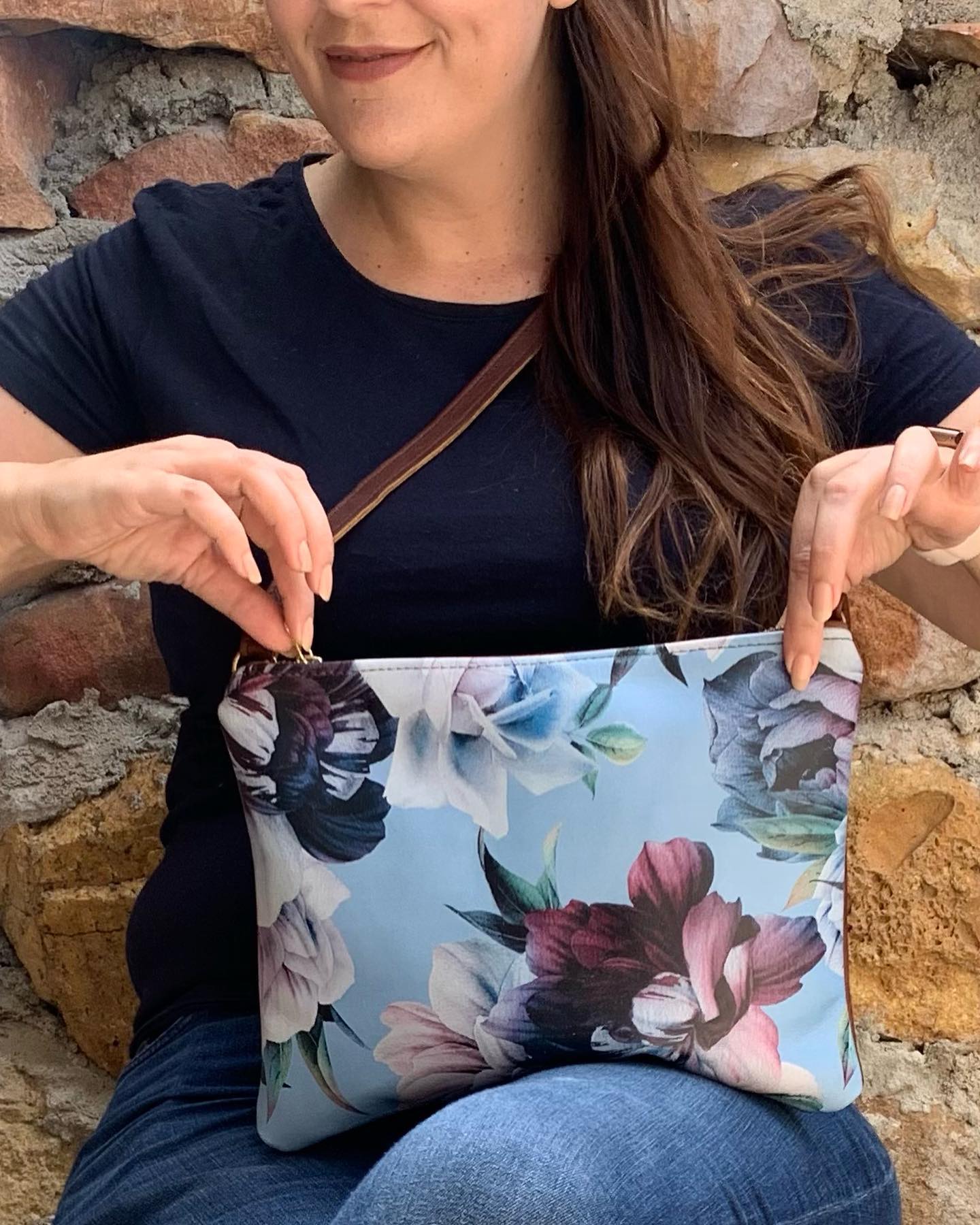 ML Large Shoulder Bag - Blue Roses