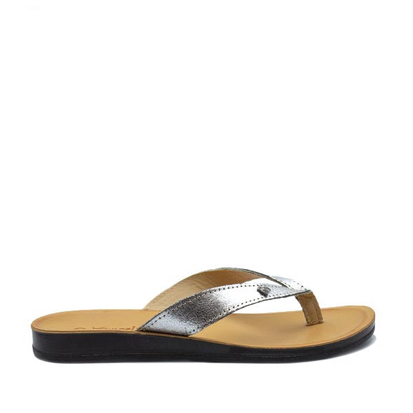 Silver Angelsoft Alexis sandals with leather foot bed and arch support.