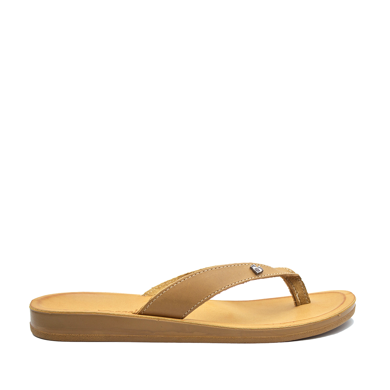 A tan Angelsoft Alexis sandal with a leather foot bed and arch support, featuring a soft and flexible PU sole.