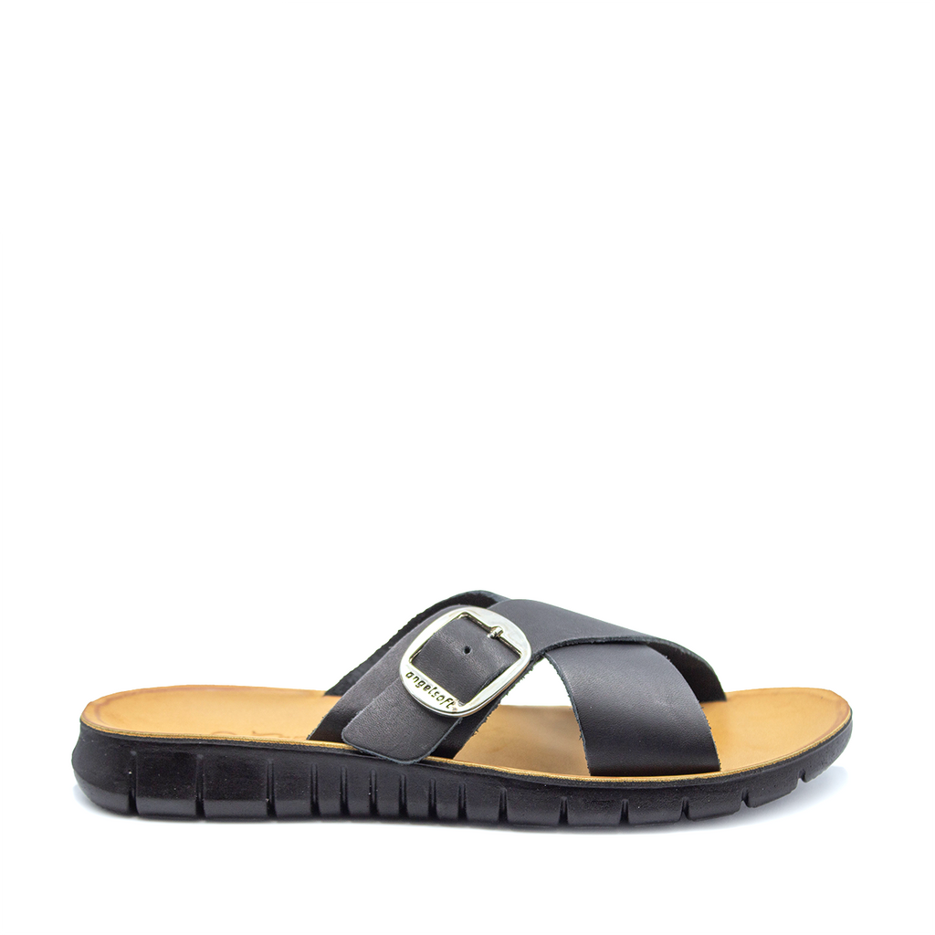 Angelsoft Ava in Black. Sandal with a buckle closure, featuring a leather foot bed with arch support and a polyurethane flex sole.
