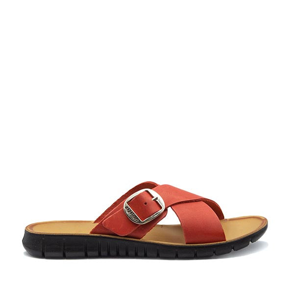 A red Angelsoft Ava sandal with a buckle closure, featuring a leather foot bed with arch support and a polyurethane flex sole.