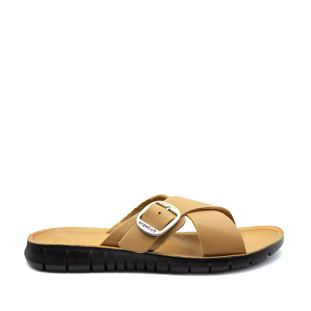 Angelsoft Ava in Tan Honey sandals with a buckle closure and an anatomical designed leather foot bed with arch support.