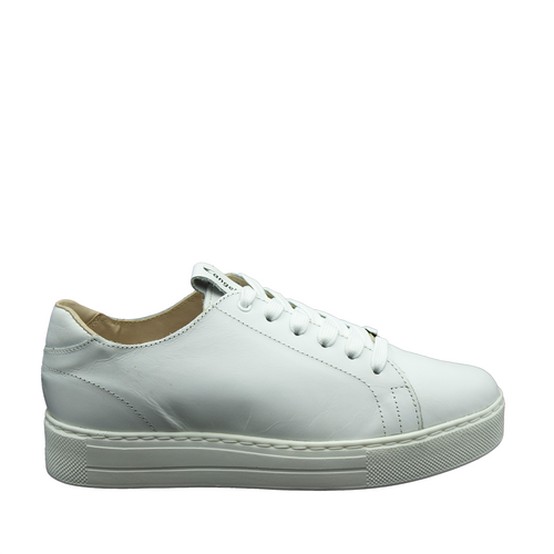 A white Angelsoft Cindy Lace-Up Leather Sneaker with lace-up closure and a cushioned sole.