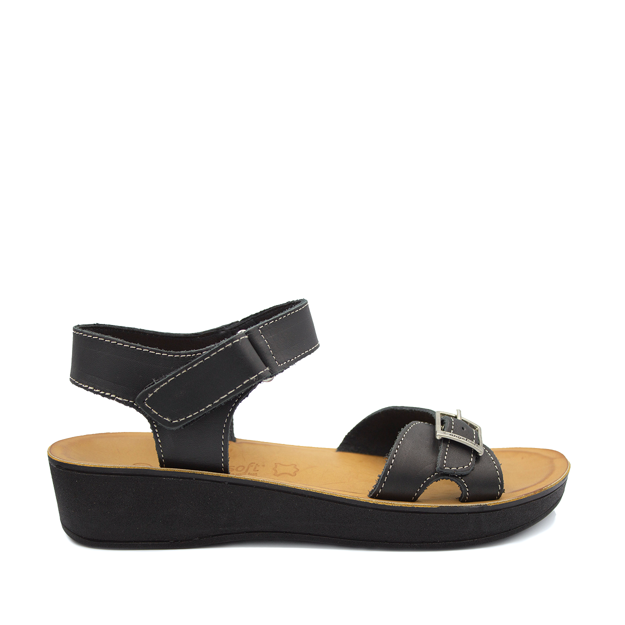 A black Angelsoft Diva sandal with an anatomical designed leather foot bed and arch support, featuring a lightweight polyurethane flex sole and genuine leather uppers.