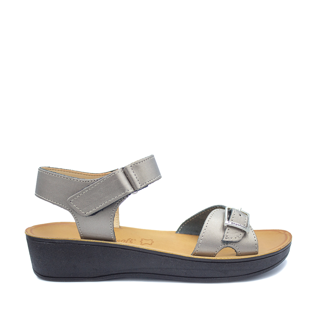 Pewter-colored Angelsoft Diva sandals with a wedge sole and Velcro and loop closure, made in South Africa.
