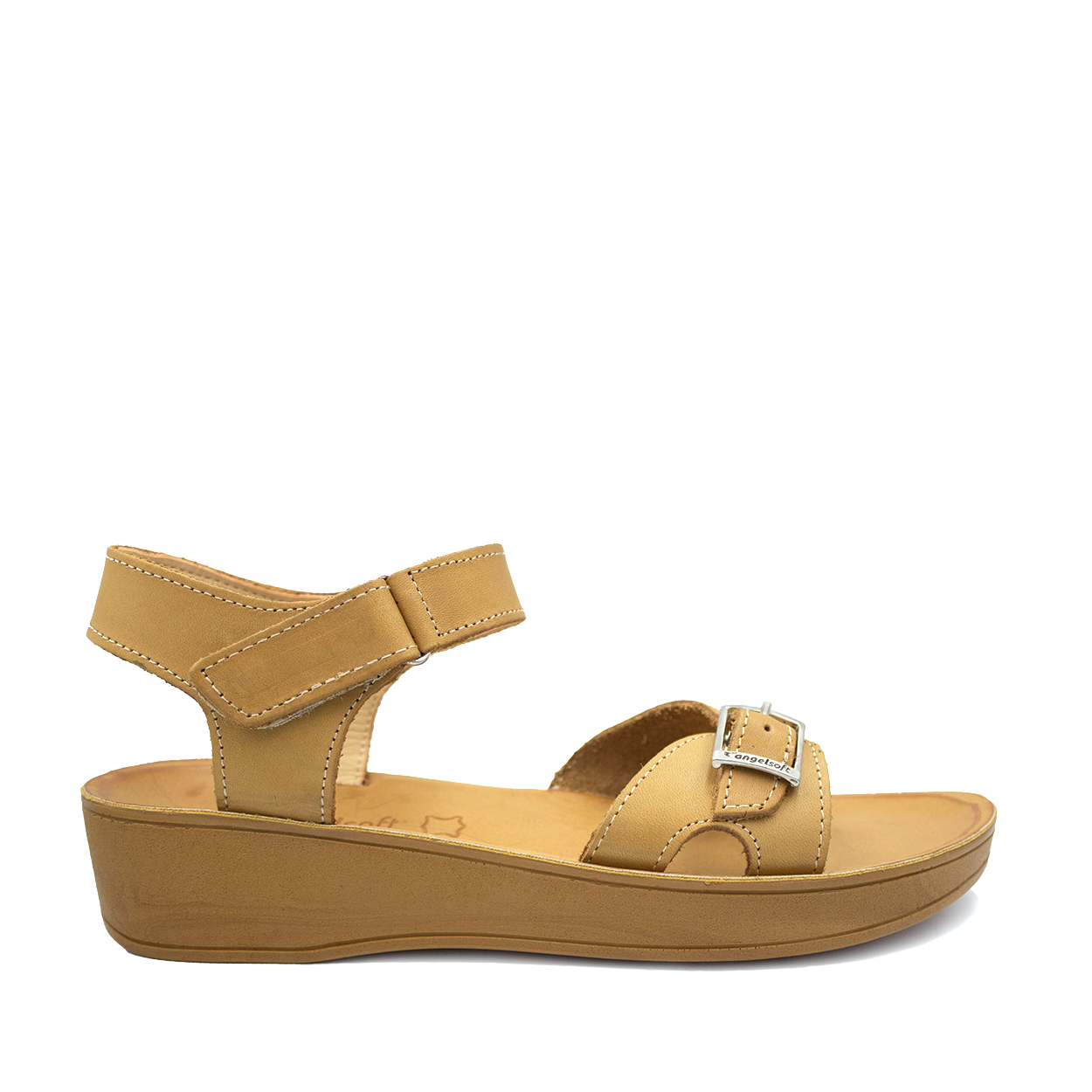 A tan honey colored Angelsoft sandal with a wedge sole and adjustable ankle strap, featuring a buckle closure.