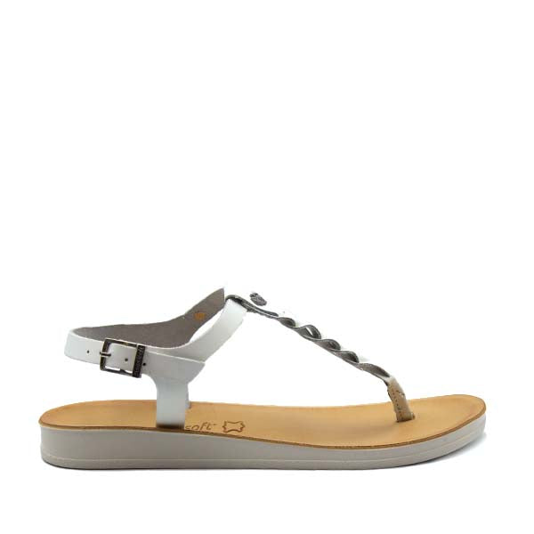 A White Angelsoft Jessica sandal with a leather foot bed and a flexible polyurethane sole, featuring a buckle closure and a decorative braided strap.