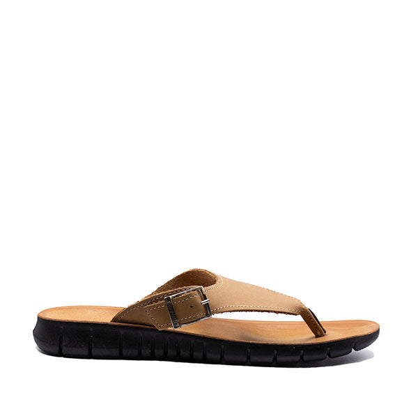 A pair of Angelsoft women's sandals in tan color with a leather foot bed and a flexible polyurethane sole.