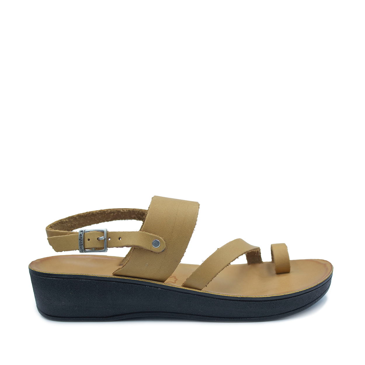 A tan honey-colored wedge sandal with a black PU sole, featuring a flat strap and an open-toe design.