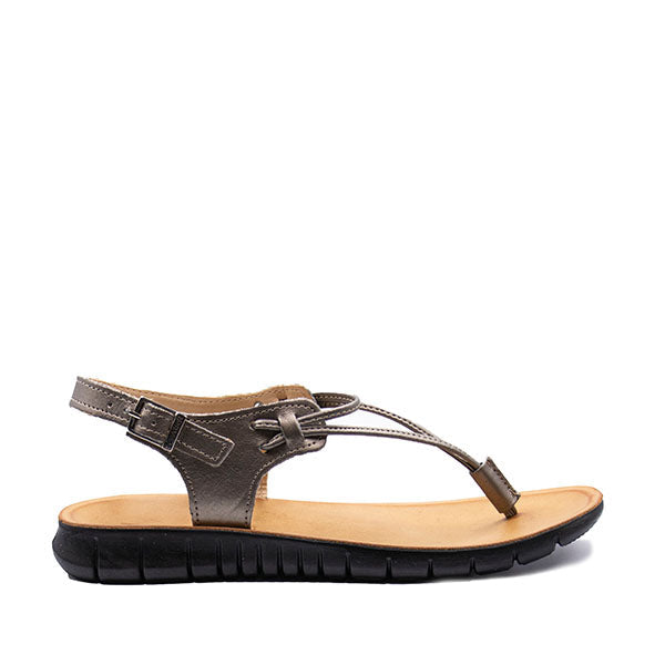 A pair of Angelsoft Michelle sandals in pewter color with an anatomical design and arch support, made with a PU flex sole and genuine leather uppers.