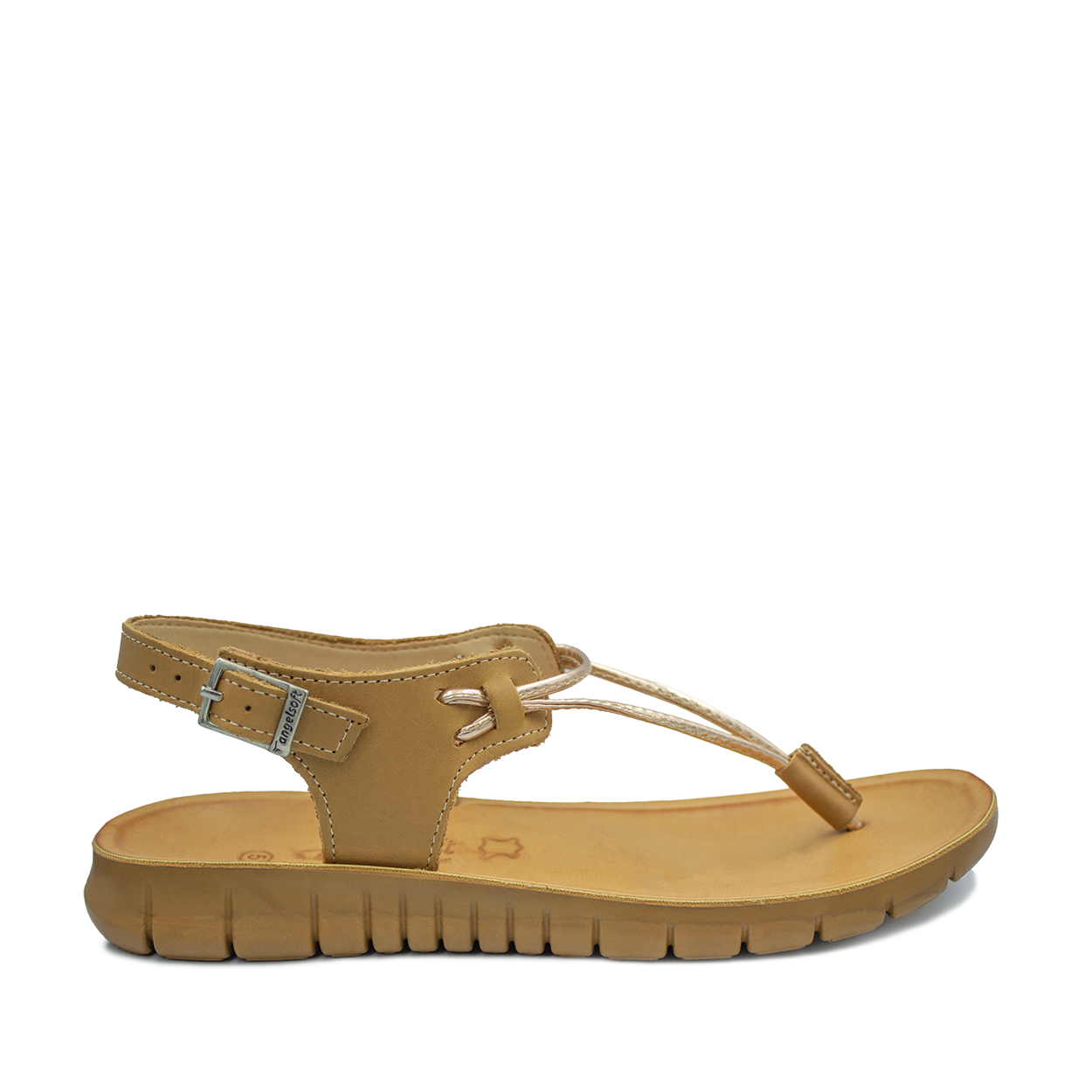 Rosegold tan colored sandal with an anatomical leather foot bed and a strap across the toes, made with a soft flexible PU sole.