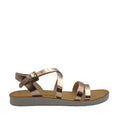 Angelsoft Nikki Rosegold sandals with leather straps and a buckle closure, featuring an anatomically designed leather foot bed with arch support.