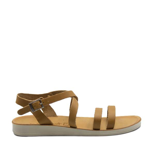 Angelsoft Nikki Tan sandals with leather straps and a buckle closure, featuring an anatomically designed leather foot bed with arch support.