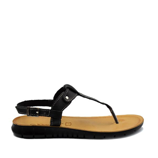 Black sandals with a flat, anatomically designed leather footbed, an adjustable heel strap and a light brown PU sole.