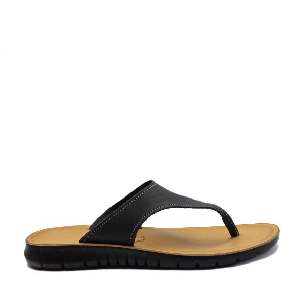 A black Angelsoft sandal with a strap and a beige flexible sole, showcasing the product's design and style.