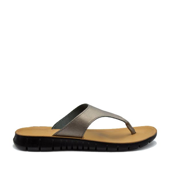 A pair of Angelsoft women's sandals in Pewter color with a leather foot bed and a flexible polyurethane sole.