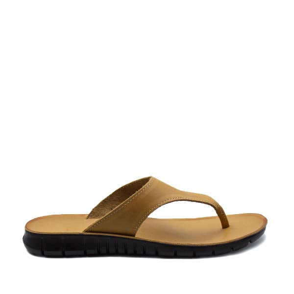 A tan-colored Angelsoft sandal with a black sole, featuring a thong strap and designed with arch support and a contoured insole.