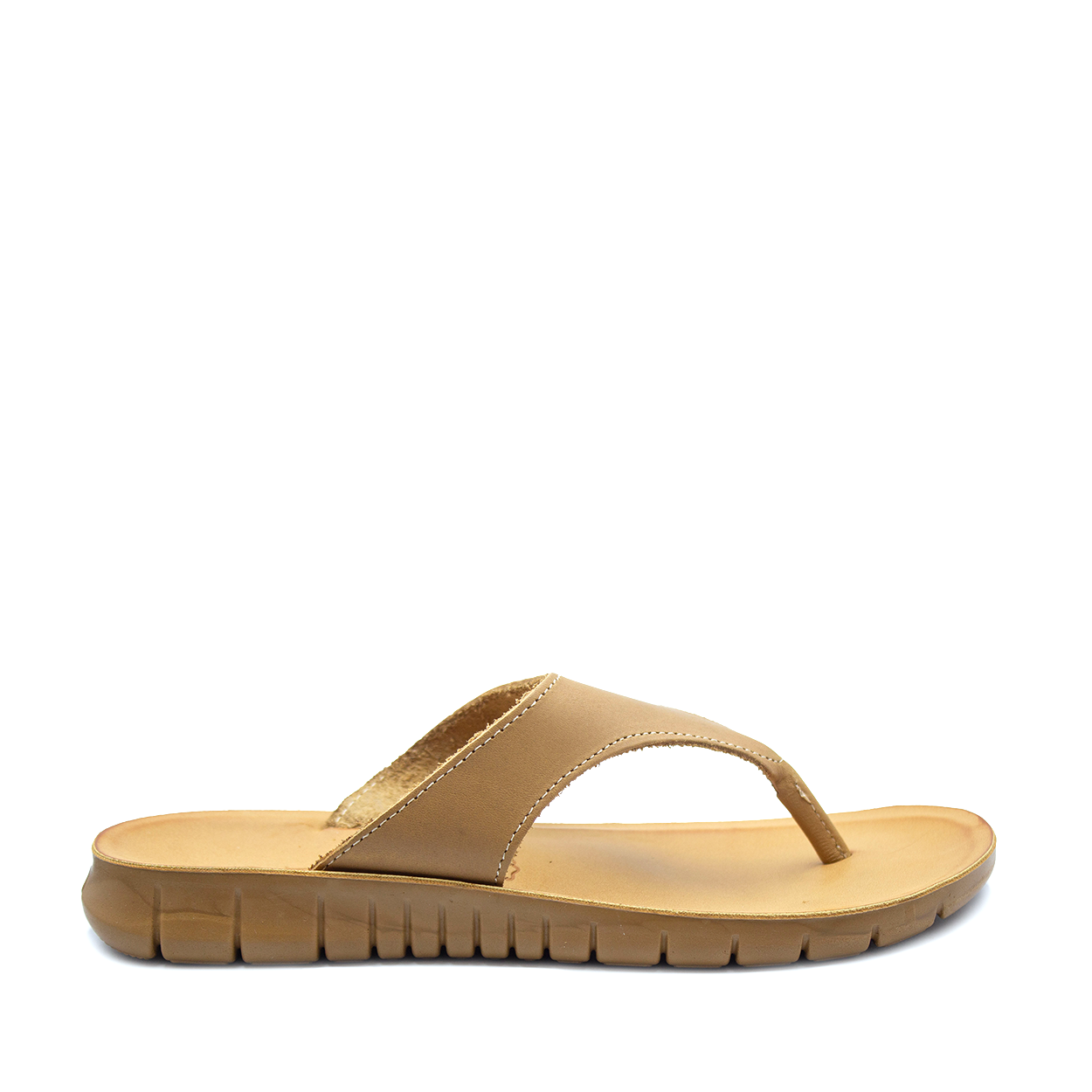 A tan-colored Angelsoft sandal with a flexible sole and arch support, designed for comfort.
