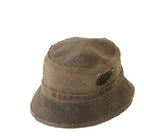 A brown bucket hat made of waxed cotton canvas with a small brim.