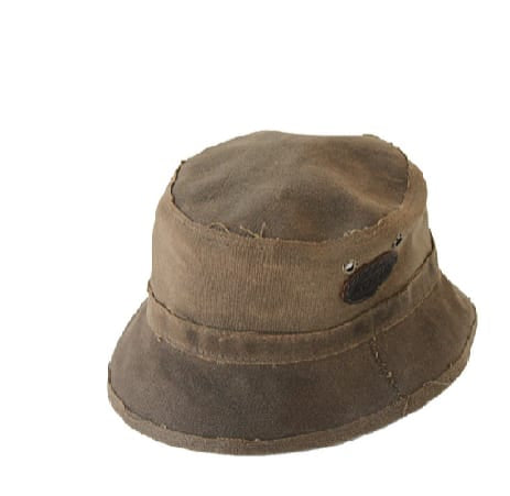 A brown bucket hat made of waxed cotton canvas with a small brim.