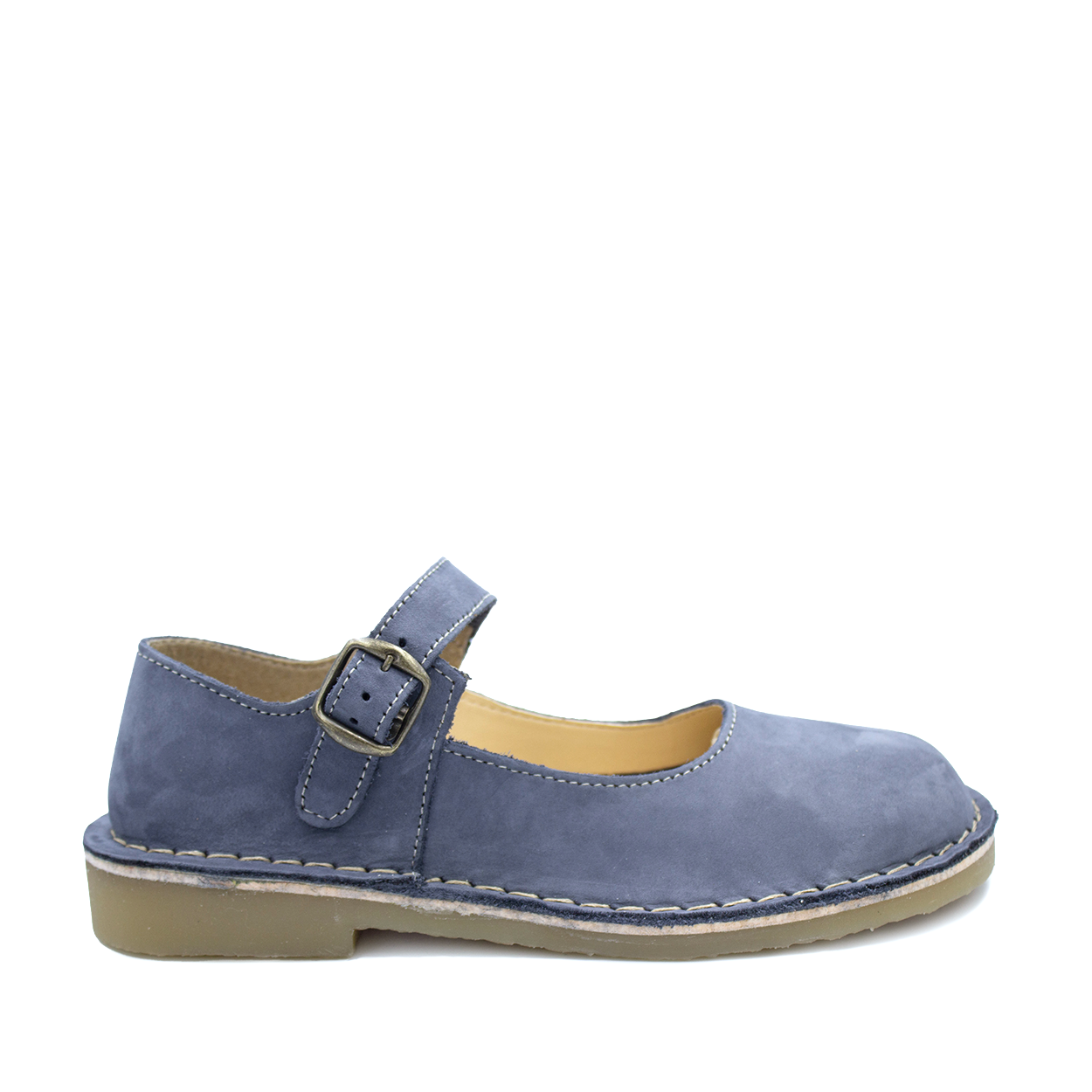 A navy-colored handcrafted leather shoe with a buckle strap, known as a Vellie, suitable for women.