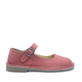 A pink nubuck women's shoe with a buckle strap and low heel, handcrafted from genuine cow leather.
