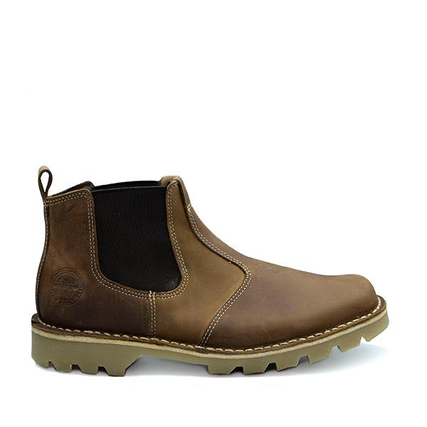 A brown Drakenstein Chelsea boot with a pull-on design and a low heel.