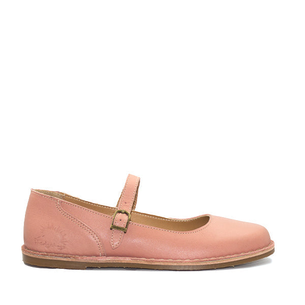 A pink leather flat shoe with a buckle closure, designed by Hedgehogs.