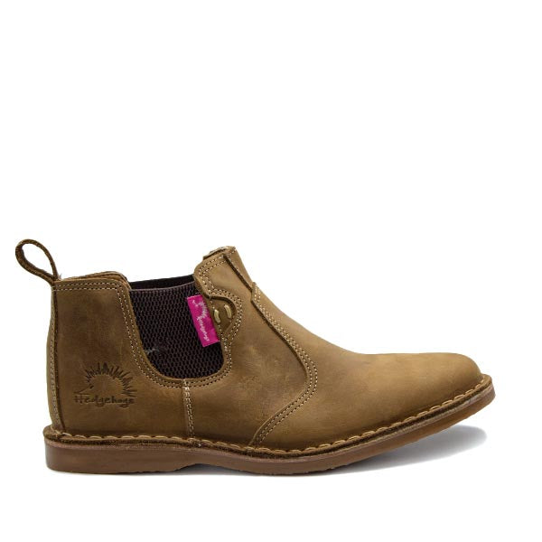 A ladies brown leather Chelsea boot with a pull tab on the side and the Hedgehogs brand logo visible on the top.
