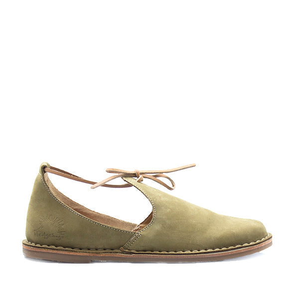 Olive green nubuck leather shoe with a low heel and lace-up closure.