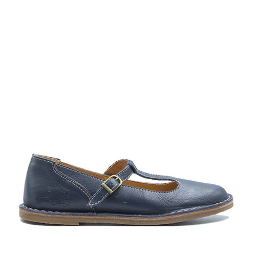 A navy-colored leather shoe with a buckle strap and low heel.