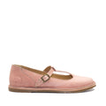A single pink flat shoe made of cowhide leather with a buckle closure.