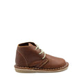 A kids' brown leather shoe with lace-up closure, suitable for UK sizes 3 to 8.