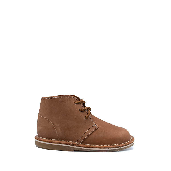 A kid's brown leather Vellie with lace-up closure.
