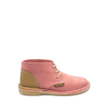 A pink children's leather Vellie with a lace-up closure and a tan-colored detail on the side.