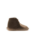 A brown leather children's shoe with a lace-up closure and a low heel