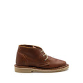 A brown leather kids' boot with lace-up closure, made by Vellie Boutique.