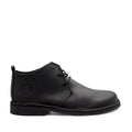 A black handcrafted leather shoe known as DKW Bosbok Vellie, featuring a lace-up closure and a low heel design.