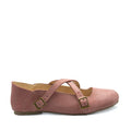 A pair of blush pink nubuck leather shoes with a lace-up closure and a flat, platform sole.