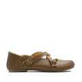 A brown handcrafted leather shoe with buckle straps.