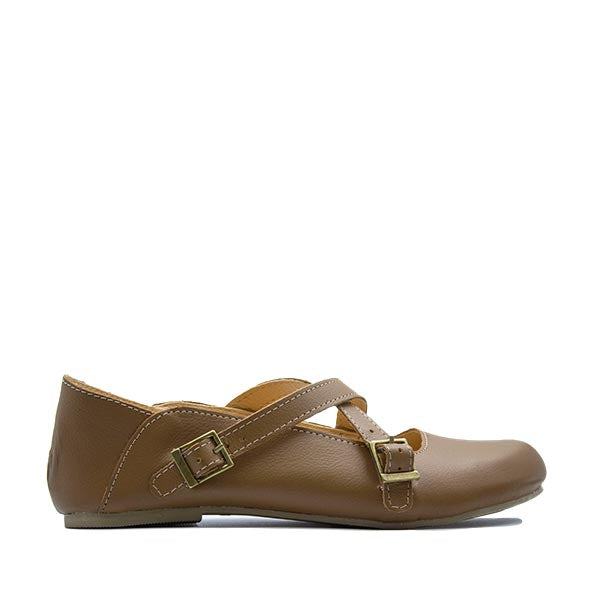 A brown handcrafted leather shoe with buckle straps.
