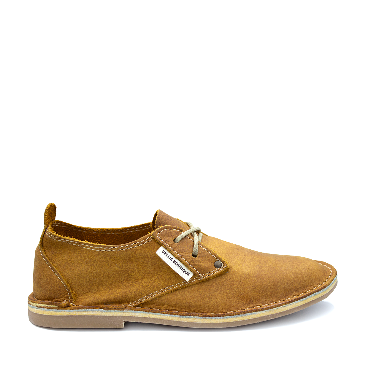 A brown leather women's vellie shoe with a lace-up closure and a flat sole.
