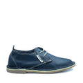 A navy-colored, low-top leather vellie with a lace-up closure and a flat sole.