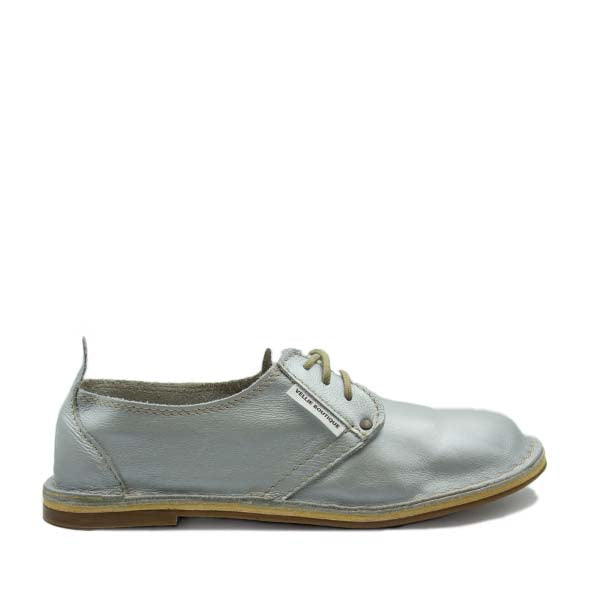 A silver Protea Vellie shoe with a low heel and lace-up closure, handmade in South Africa.