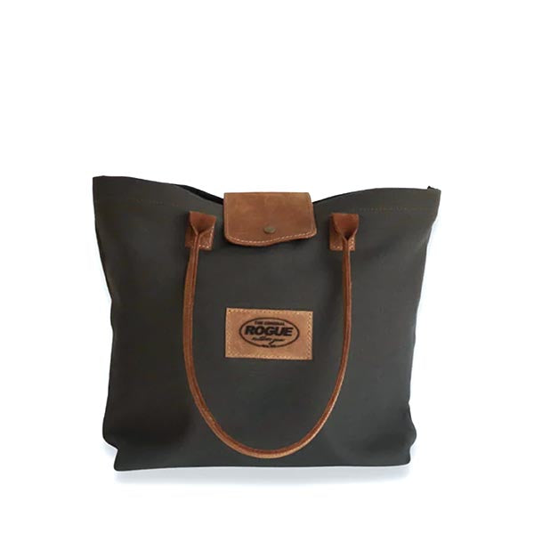 A grey tote bag with leather handles.