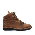 A brown leather hiking boot with a light tread sole, lace-up closure, and visible stitching details.