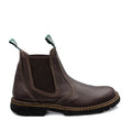 A dark brown, classic slip-on Chelsea boot with elastic-side panels and a low heel.