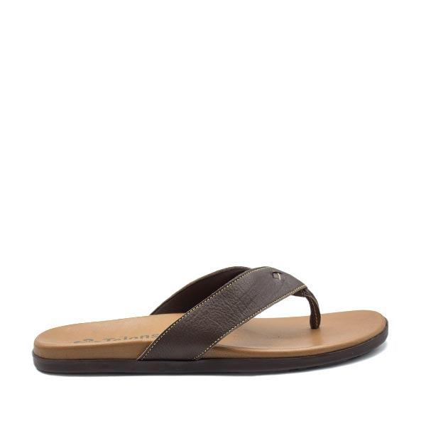 A brown Tsonga slip-on, toe-thong sandal with a genuine leather upper and a locally made lightweight and flexible PU sole.