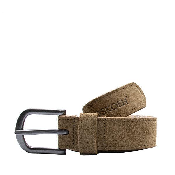A brown suede belt with a metallic buckle, displaying the brand name 'Veldskoen' on the belt strap.